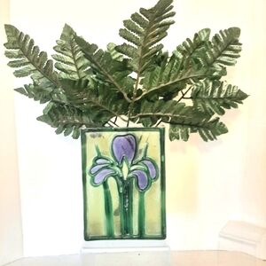 Green and Purple Painted Iris on Textured Art Glass Vase